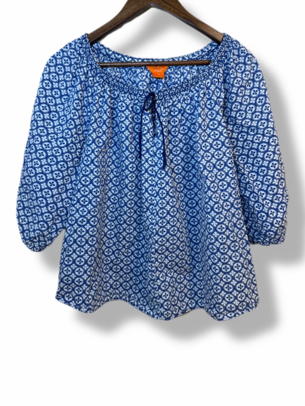 Joe Fresh for JCPenney Blue White Peasant Boho Top Size Large Cotton
